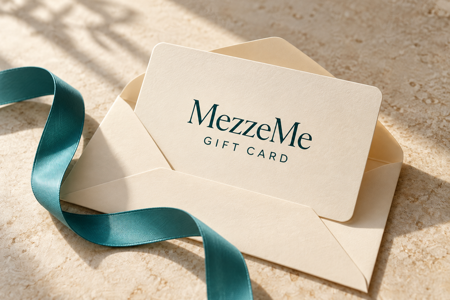 MezzeMe gift card in an ivory envelope with a turquoise ribbon